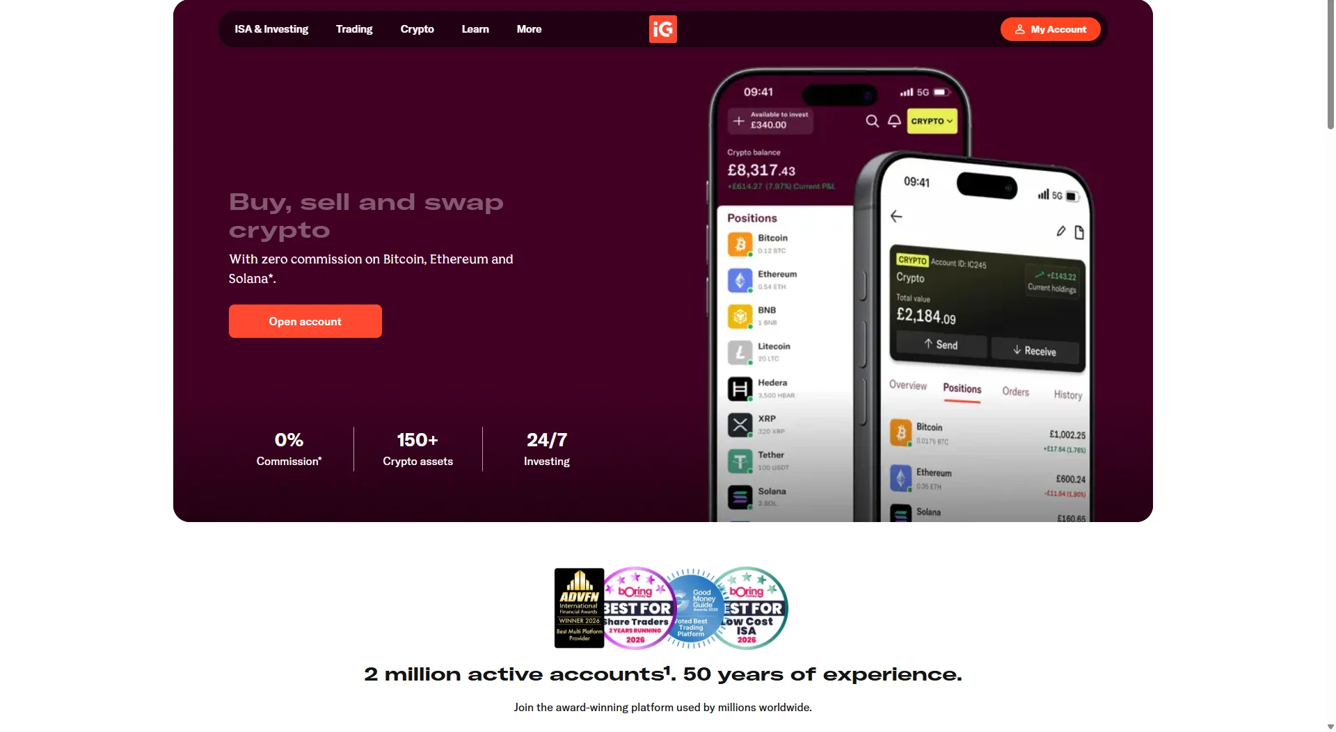 IG's crypto page inviting visitors to buy, sell and swap crypto with zero commission on three major coins, beside phone mockups of a crypto positions list and holdings screen