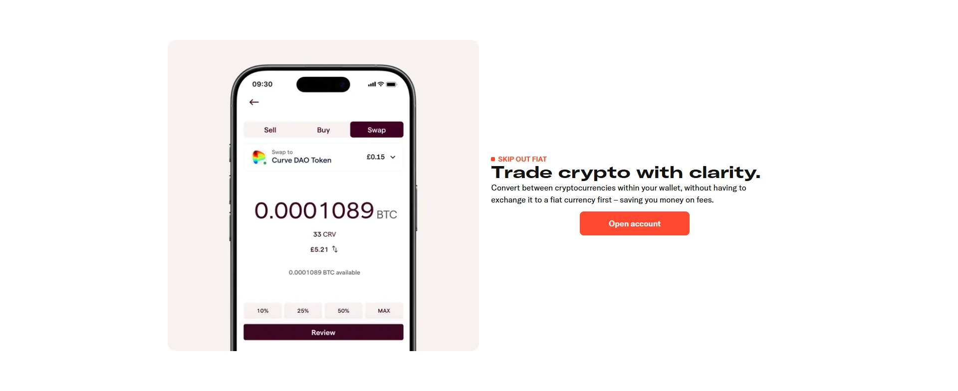 Swap section of IG's crypto page showing a phone screen mid swap into another token, next to copy explaining that conversions happen inside the wallet without exchanging to fiat first