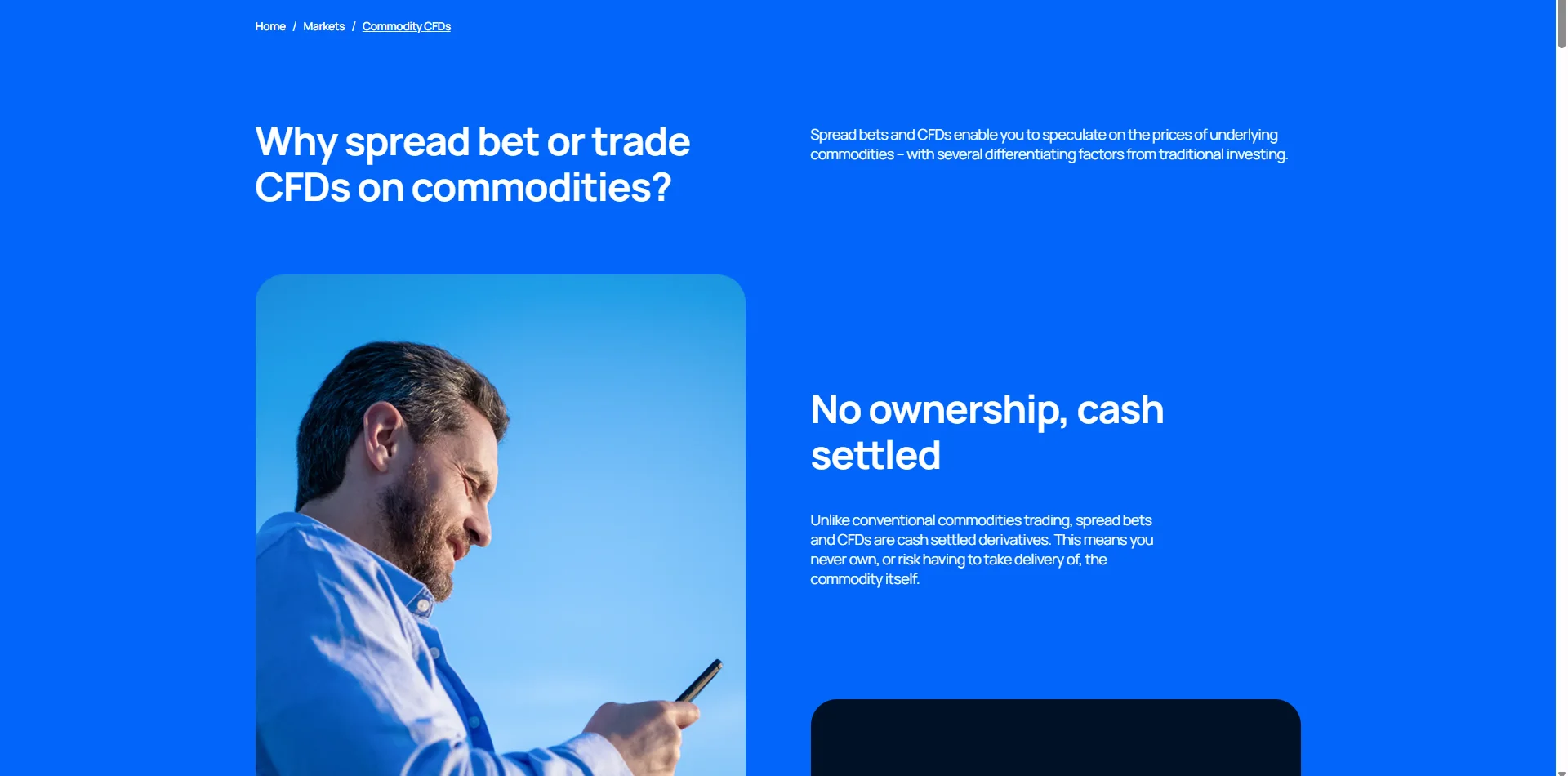 Pepperstone's UK commodities page asking why spread bet or trade CFDs on commodities, with its explanation that both are cash settled derivatives with no ownership of the metal