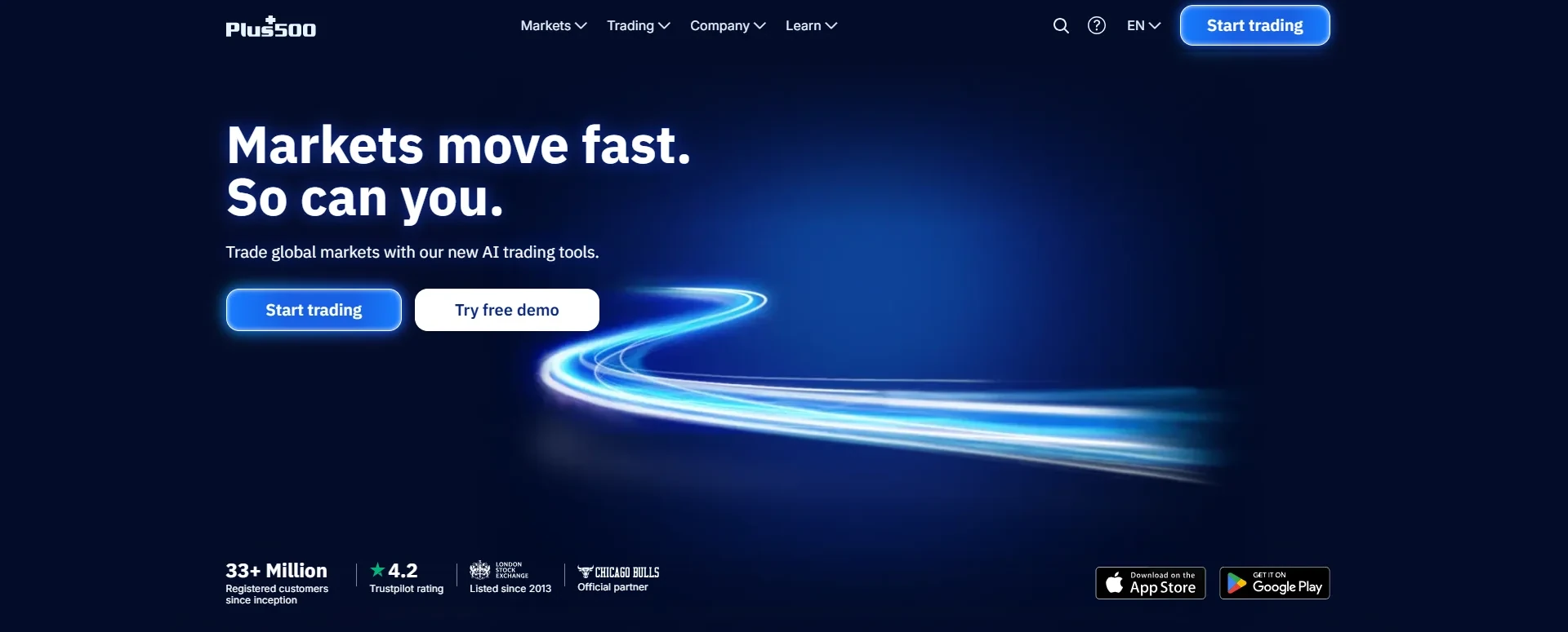 Plus500 UK homepage hero promising markets that move fast above start trading and free demo buttons, with its customer count, Trustpilot rating and app store badges along the bottom