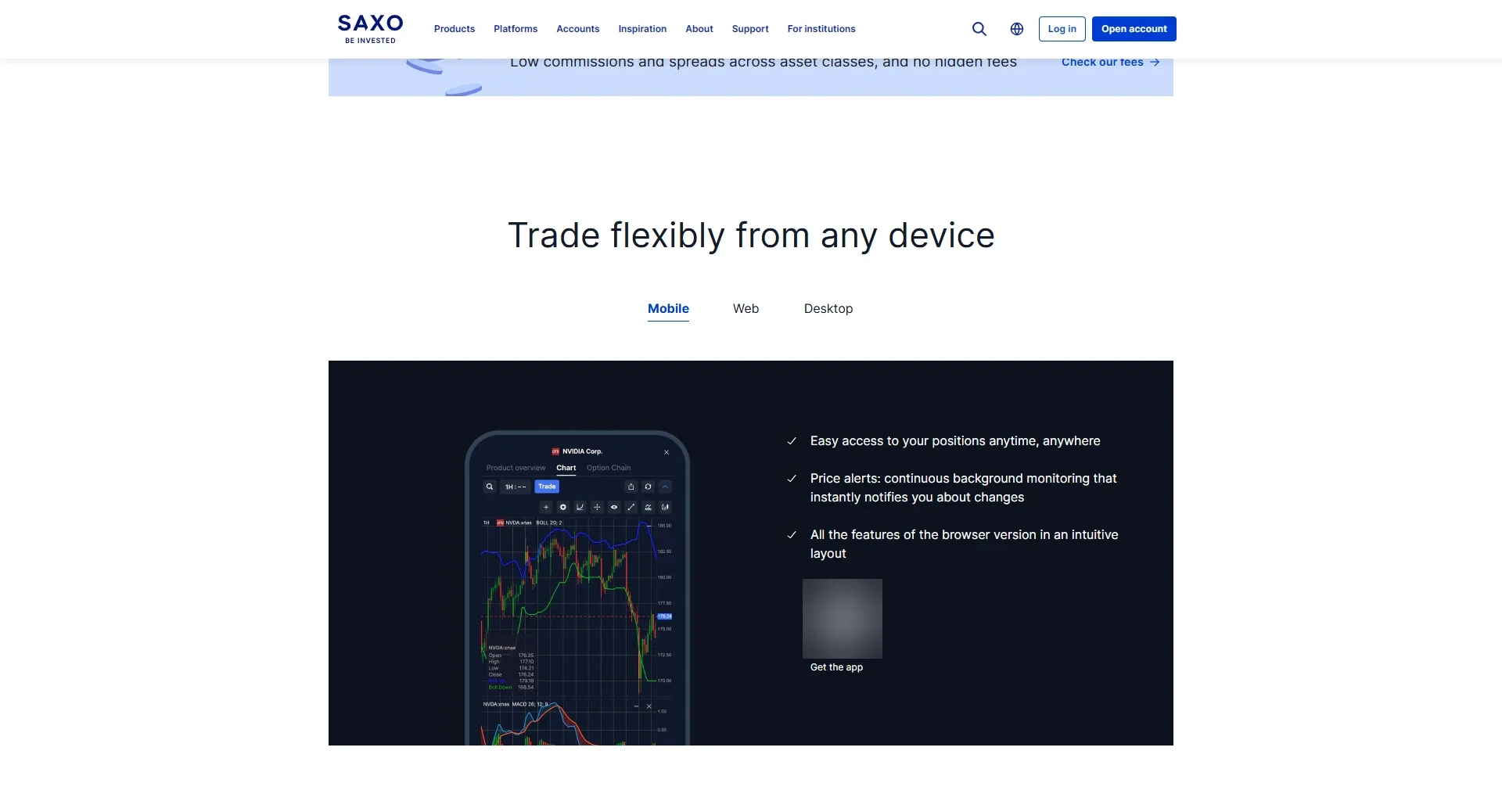 Saxo's platform page inviting visitors to trade flexibly from any device, showing the SaxoTrader mobile app charting an NVIDIA CFD with alerts and browser feature parity listed alongside