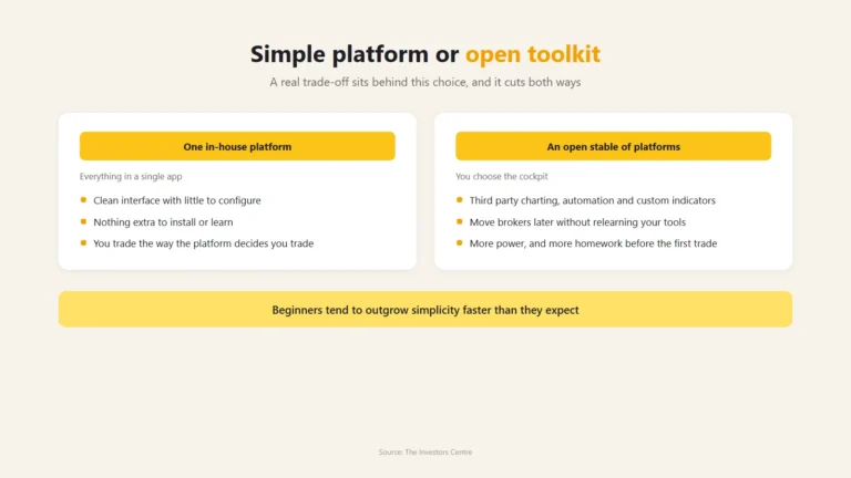 Infographic weighing a single in house trading platform against an open stable of third party platforms