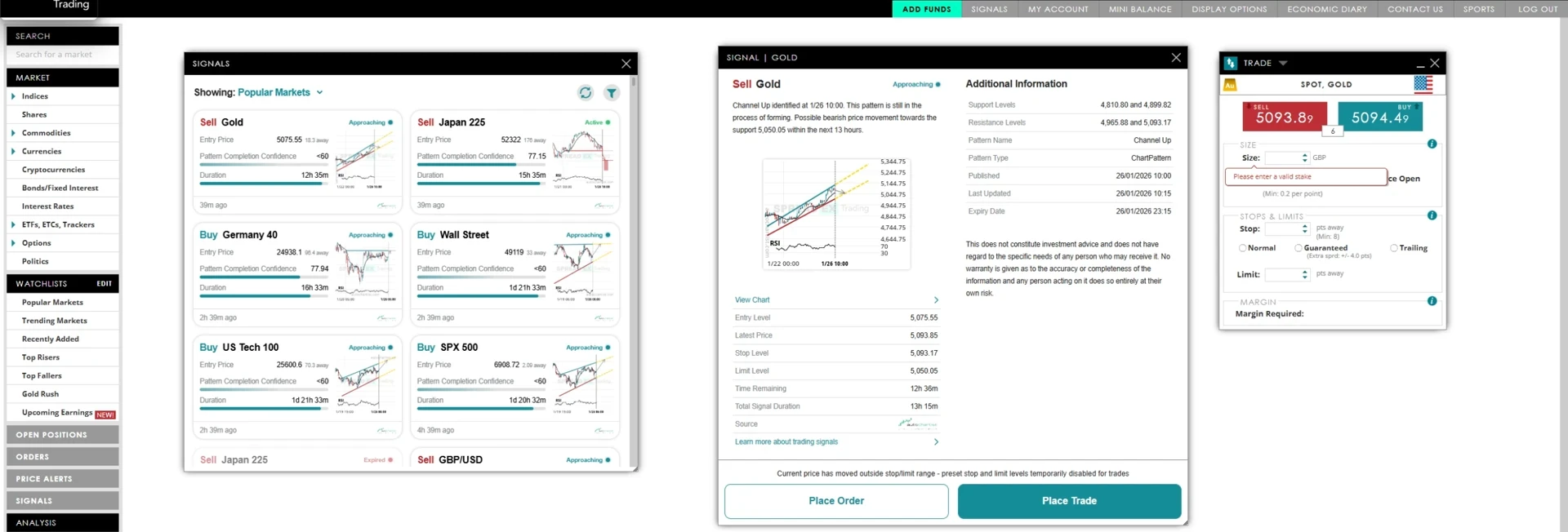 Spreadex gold deal ticket with the guaranteed stop option selected beside the signals view
