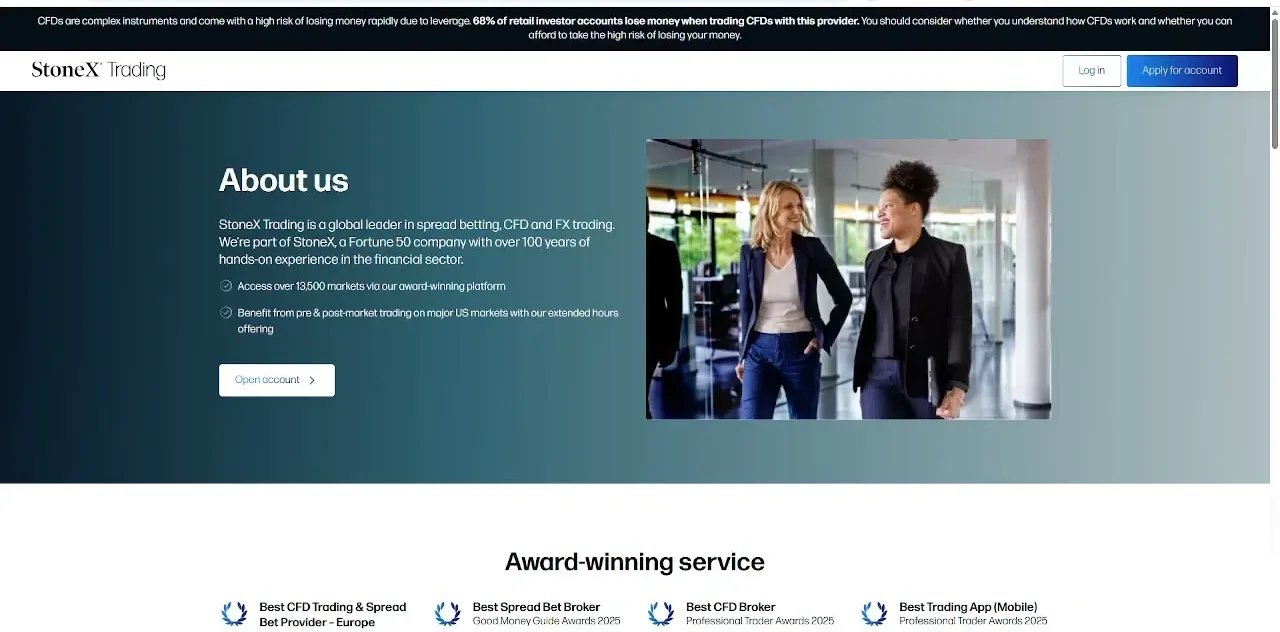 StoneX Trading website about us section showing industry award badges
