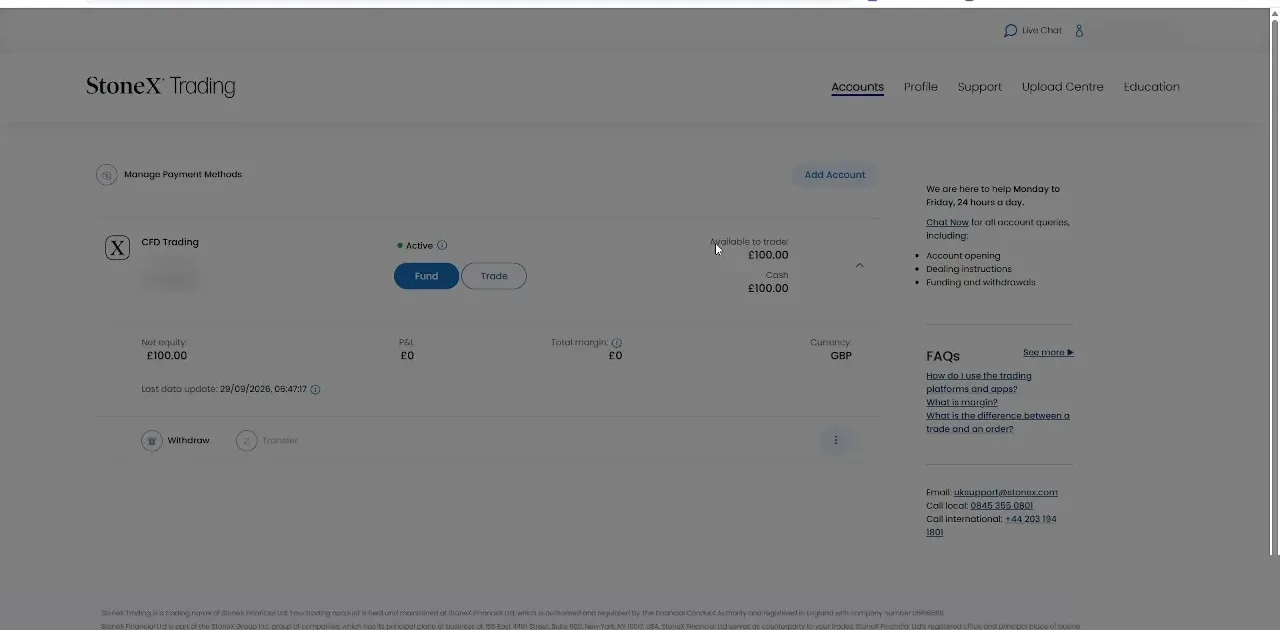 StoneX Trading account overview page showing balance and fund or withdraw options