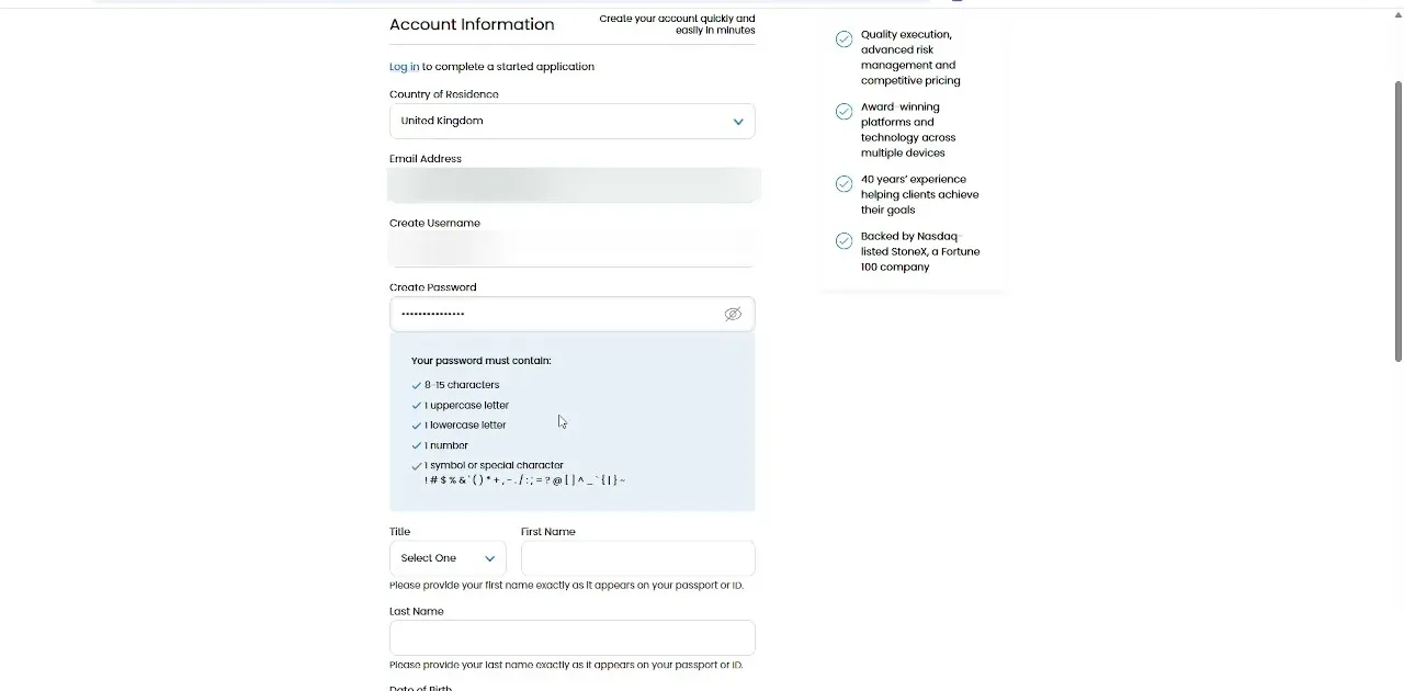 StoneX Trading account sign up form asking for personal and login details