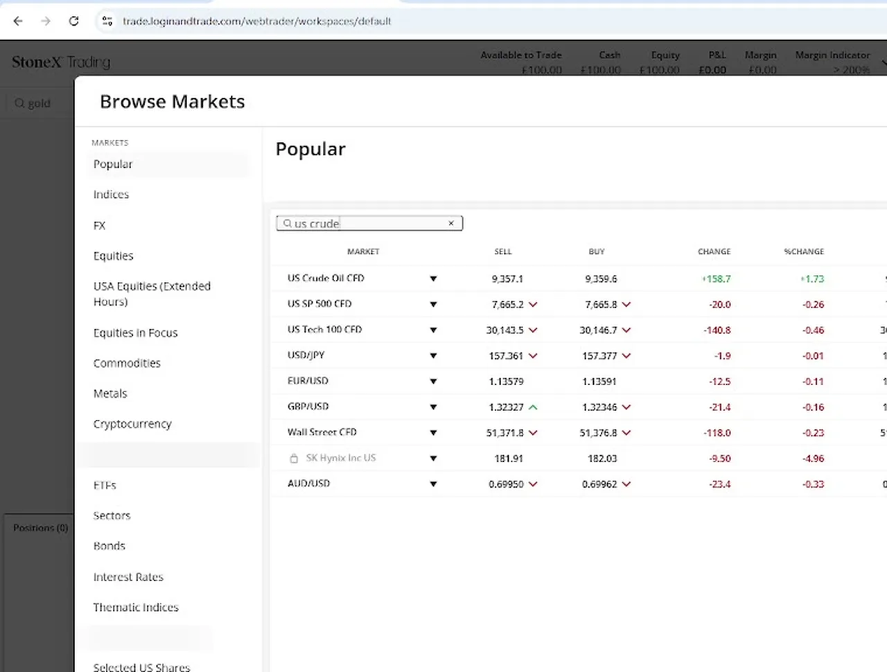 StoneX Browse Markets search results listing US Crude Oil CFD alongside indices and FX pairs