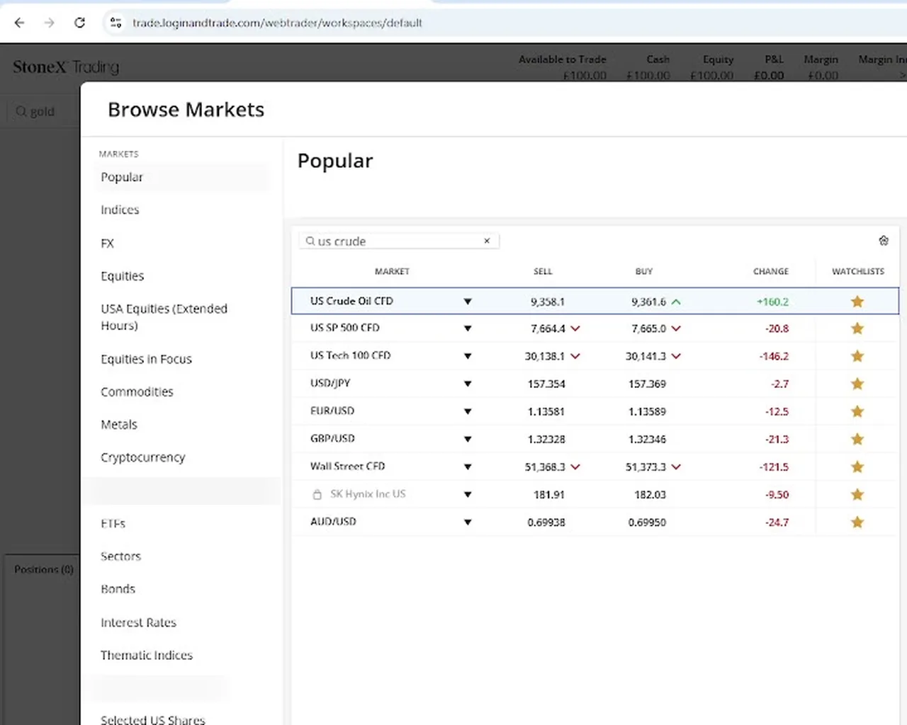 StoneX Browse Markets search results listing US Crude Oil CFD with sell and buy prices