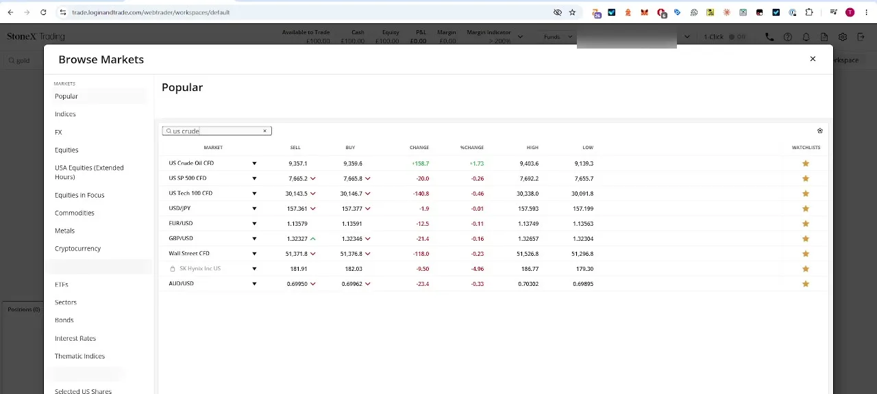 StoneX Browse Markets search results for crude oil, listing the US Crude Oil CFD