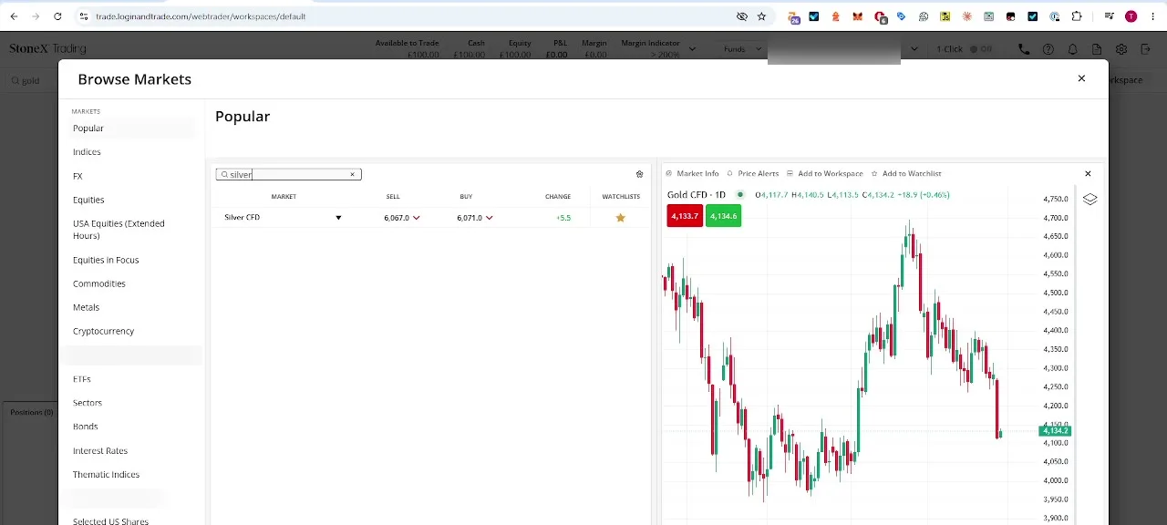 StoneX Browse Markets screen showing the Gold CFD daily chart