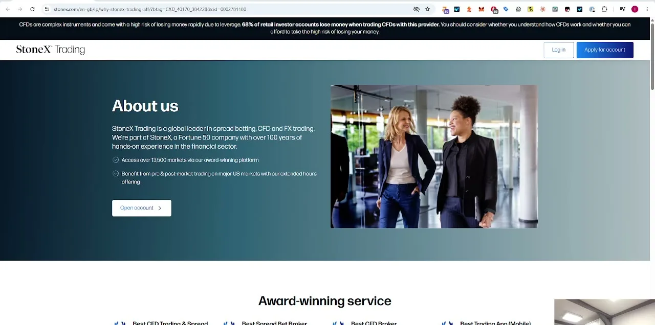 StoneX Trading homepage About Us section with its industry award badges