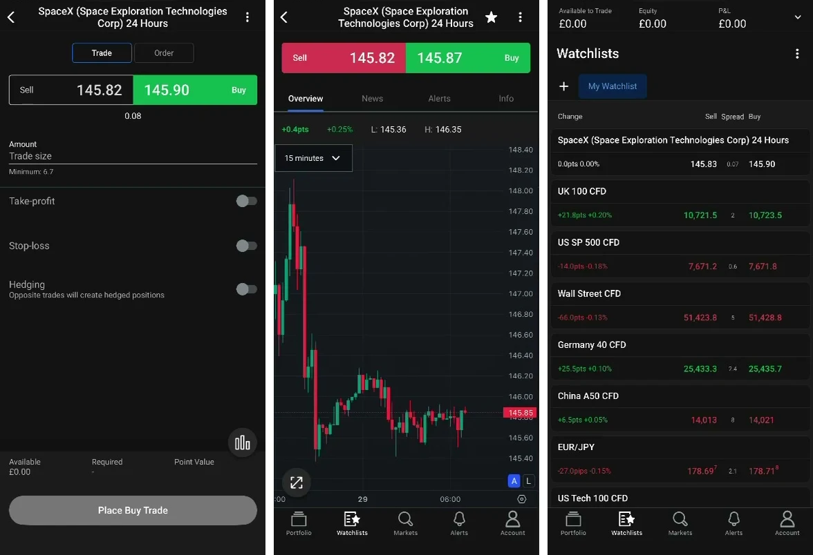 Three StoneX Trading mobile app screens showing a trade ticket, price chart and watchlist