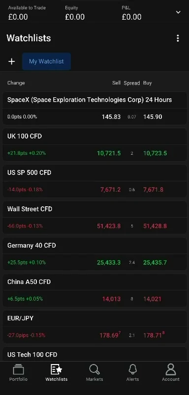 StoneX Trading mobile app watchlist showing UK 100, Wall Street and Germany 40 prices with spreads