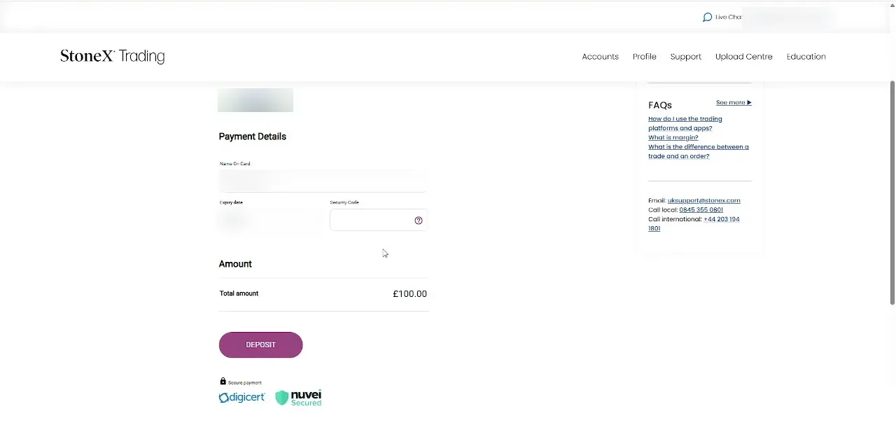 StoneX Trading secure card deposit form for funding a trading account