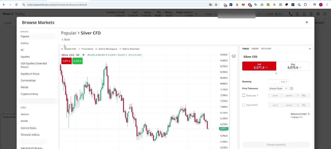 StoneX WebTrader Silver CFD trade ticket with stop loss and take profit options