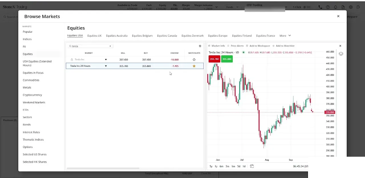 StoneX Trading screen showing a Tesla share CFD price and chart