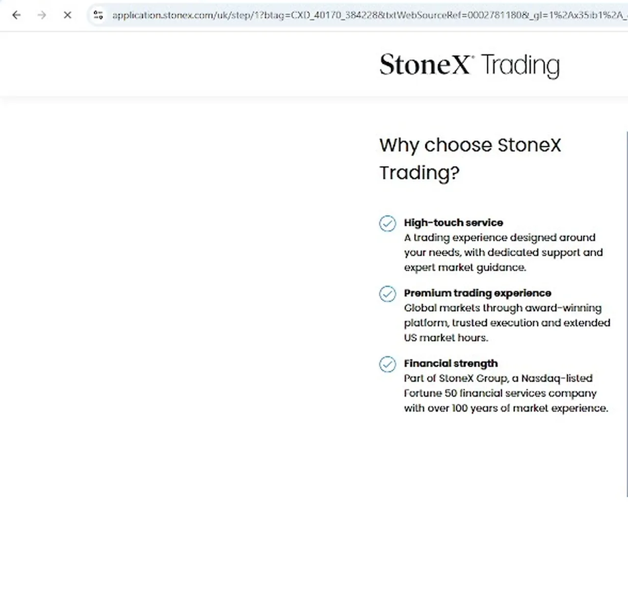 StoneX Trading page listing its high-touch service, trading platform and Nasdaq-listed parent