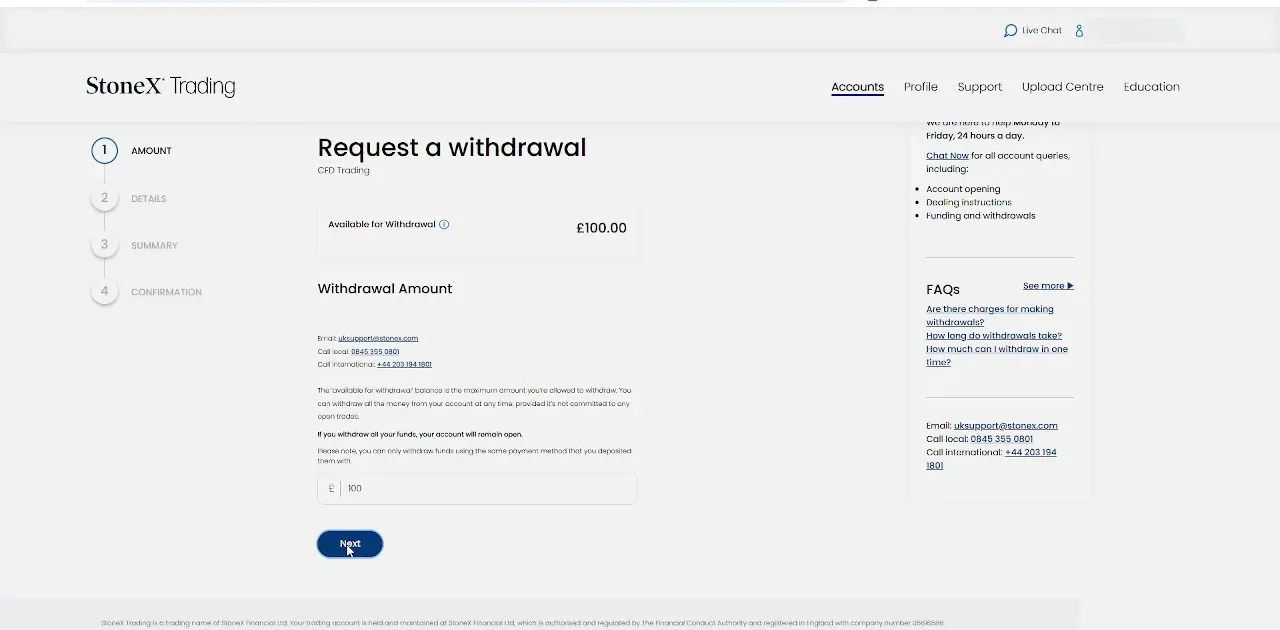 StoneX Trading withdrawal request screen with amount field and process steps