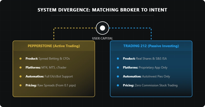 Diagram matching broker to intent: Pepperstone for active trading (spread betting & CFDs, MT4/MT5/cTrader, EA and cBot automation, raw spreads from 0.1 pips) vs Trading 212 for passive investing (real shares & S&S ISA, own app, AutoInvest pies, zero-commission stocks)