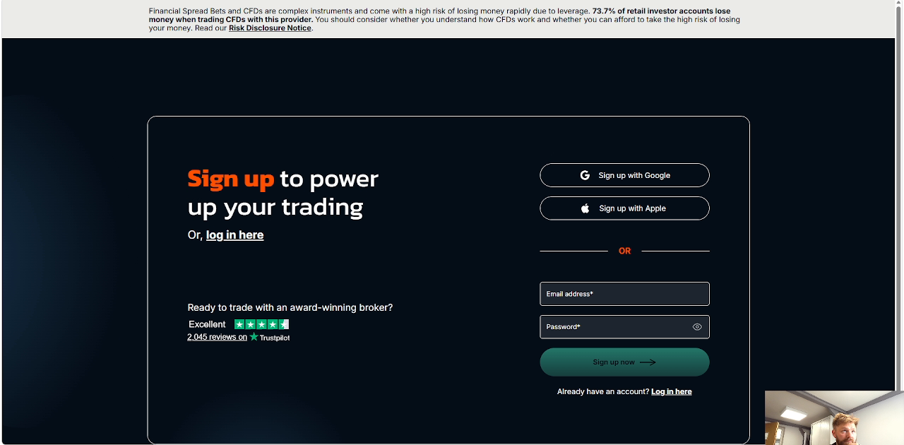 Trade Nation sign-up page with Google and Apple sign-up options and the Trustpilot Excellent rating from over 2,000 reviews