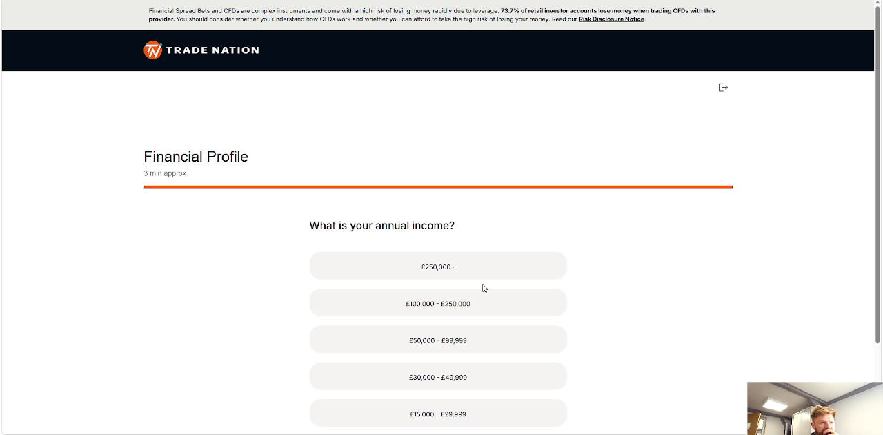 Trade Nation KYC financial profile step asking about annual income with a three minute time estimate