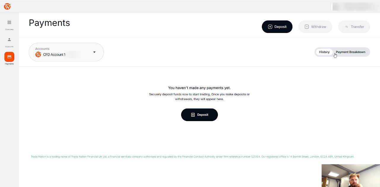 Trade Nation payments area showing the deposit, withdraw and transfer options on a new CFD account