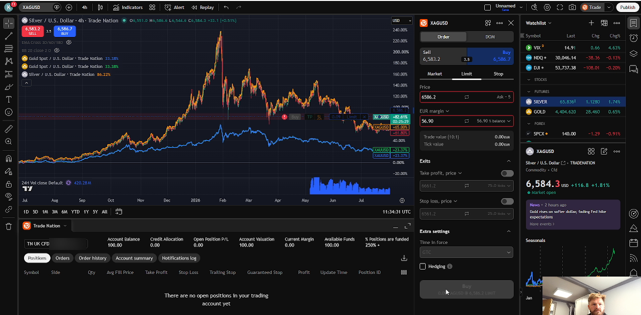 Trade Nation CFD account in TradingView showing silver and gold charts with the account panel and no open positions