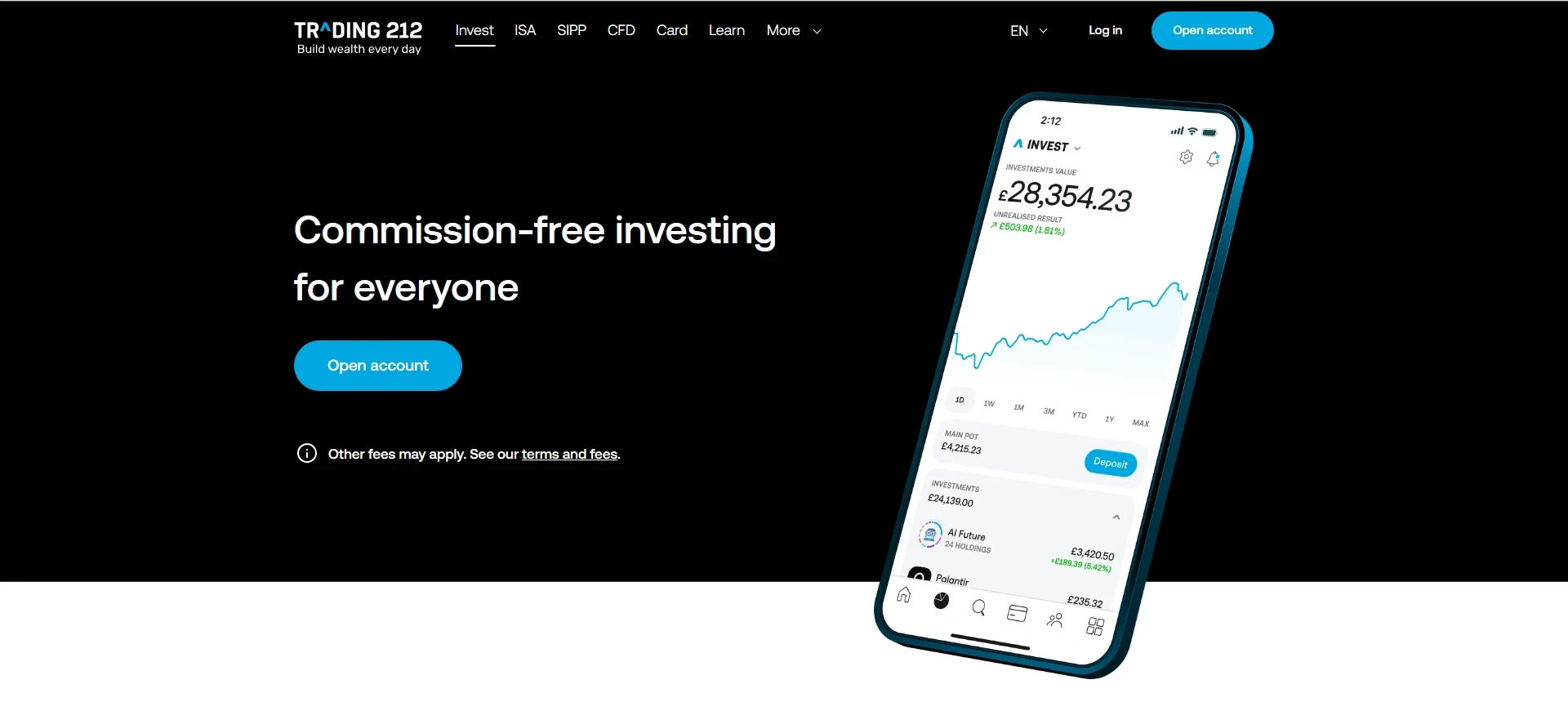 Trading 212 homepage headline offering commission free investing next to an app mockup of a portfolio screen, with ISA, SIPP and CFD tabs across the top