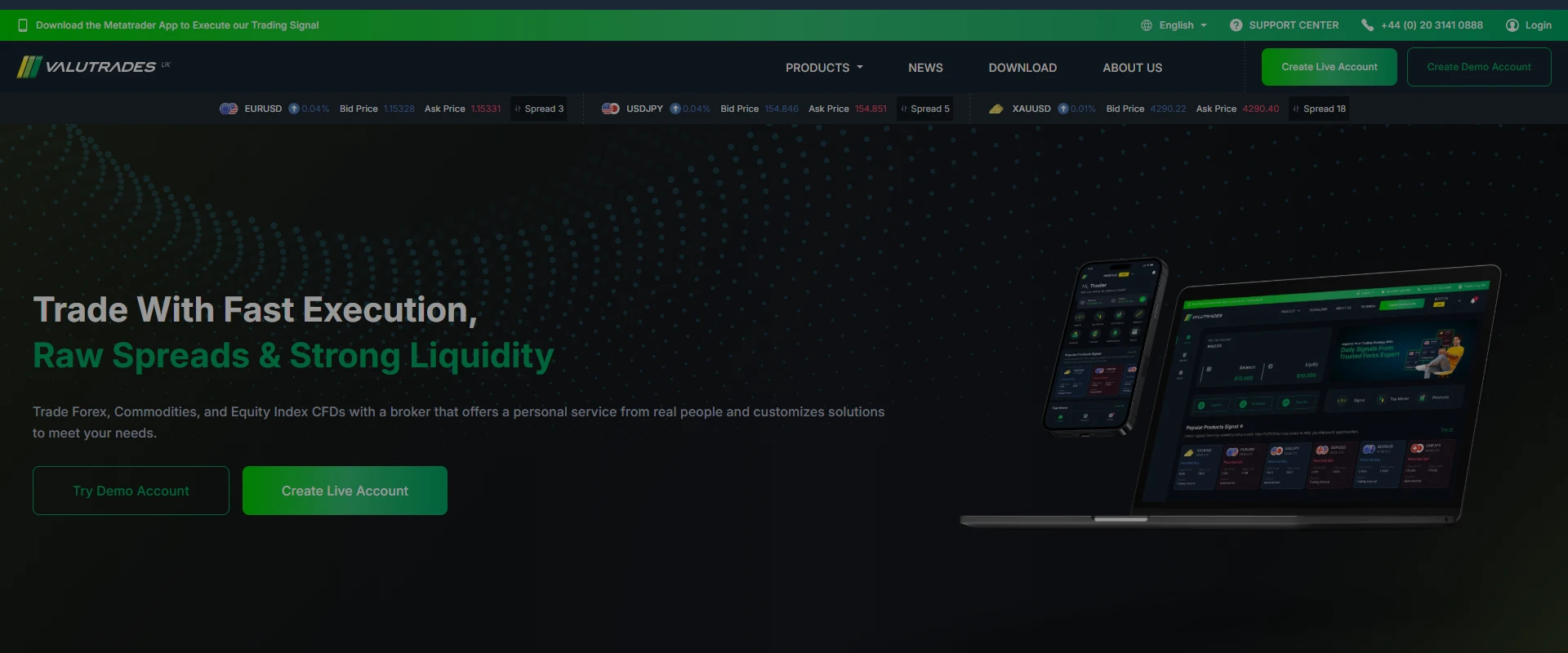 Valutrades UK homepage in mid September 2026 with Create Live Account and Create Demo Account buttons still visible