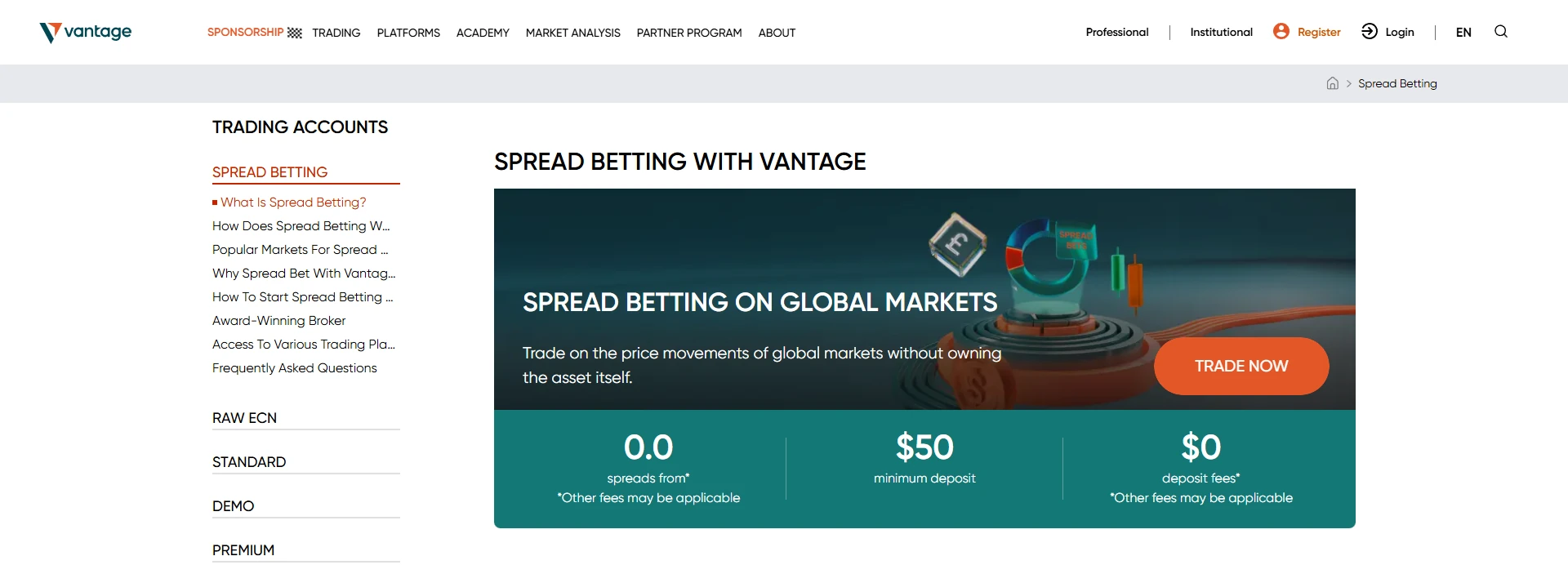 Vantage UK spread betting page showing the account's headline terms, a fifty dollar minimum deposit and spreads quoted from zero