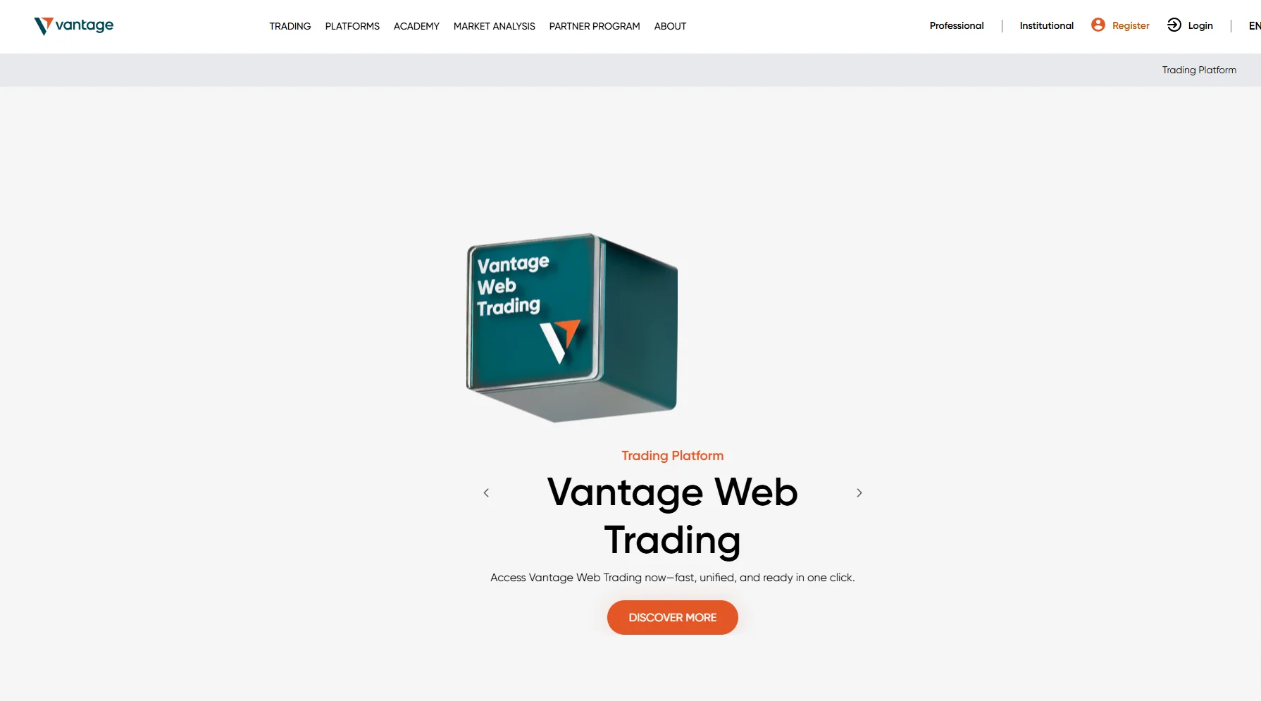 Vantage UK trading platform page presenting the Vantage Web Trading tile in a carousel of platform options, with a discover more button beneath