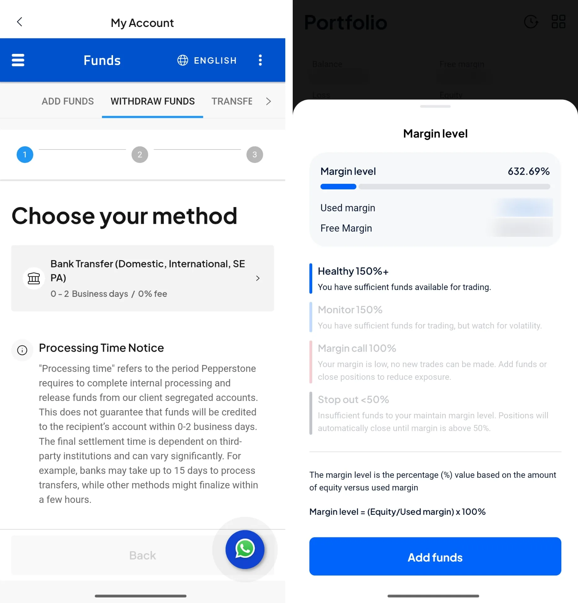 Pepperstone app side by side: the Withdraw Funds screen offering bank transfer at 0 to 2 business days with a 0% fee and a processing time notice, and the Portfolio margin level sheet with account figures blurred