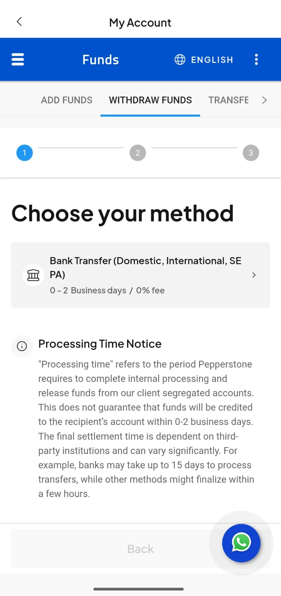Pepperstone app Withdraw Funds screen showing bank transfer, domestic, international and SEPA, at 0 to 2 business days and 0% fee, with Pepperstone's processing time notice