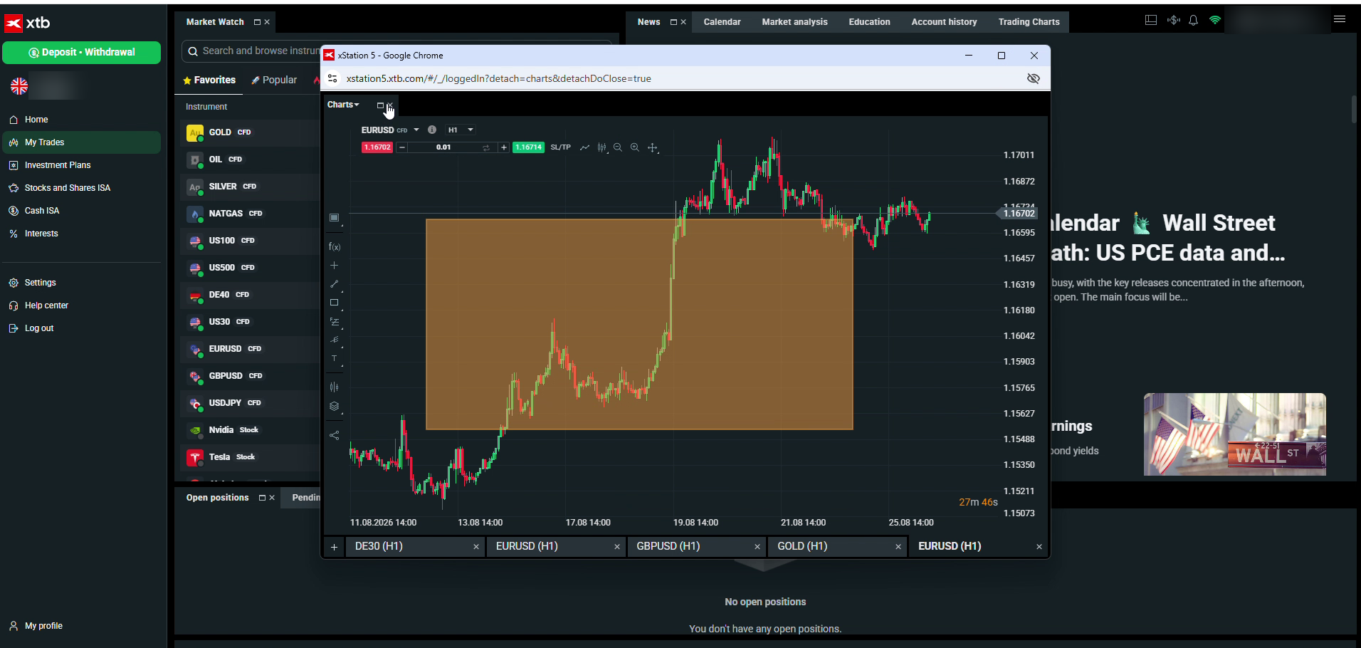 xStation 5 EUR/USD chart in a detached window with a price zone marked up, captured August 2026