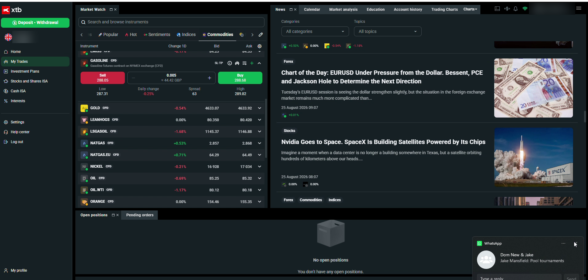 XTB xStation 5 nickel CFD order ticket showing price, volume, stop loss and take profit fields, captured August 2026