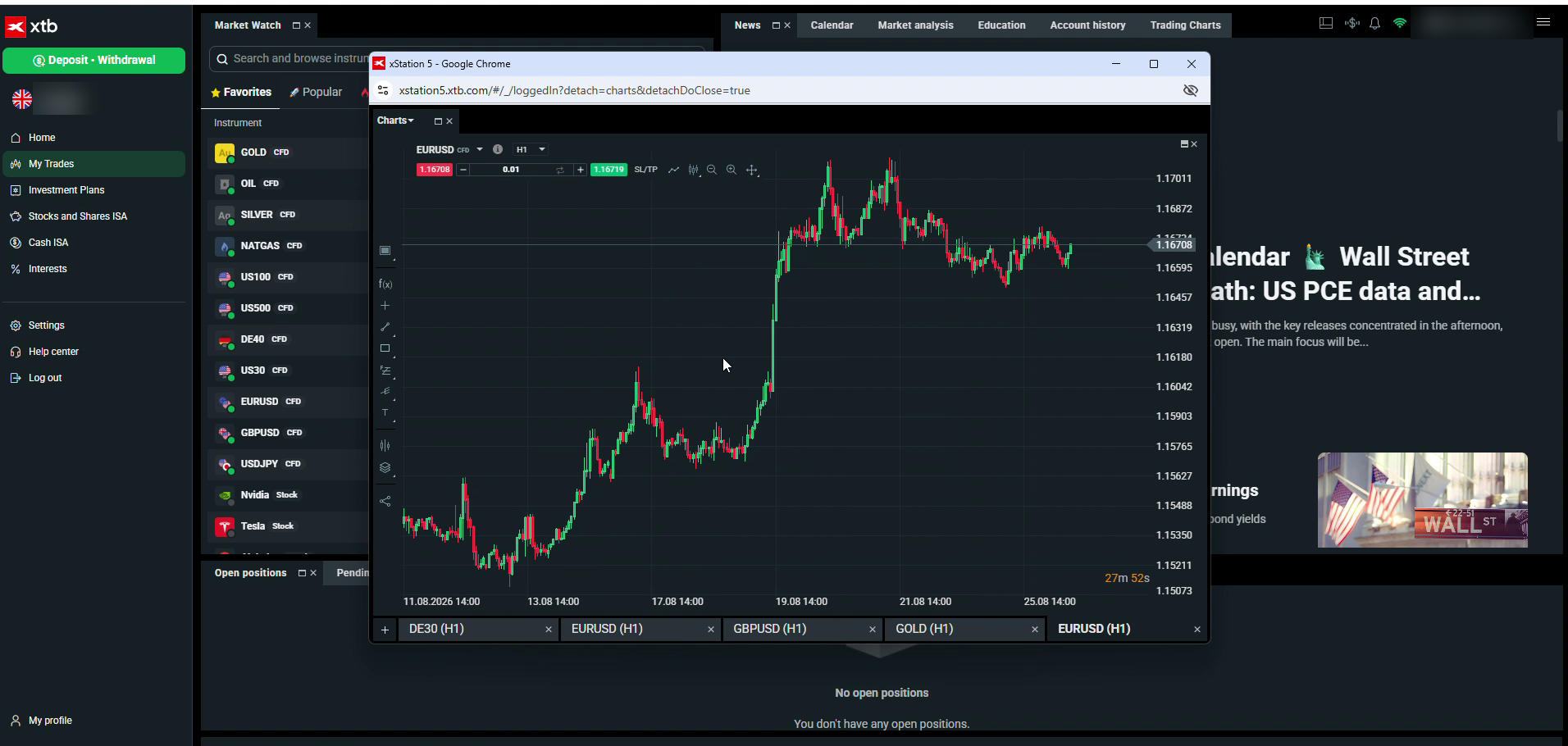 xStation 5 EUR/USD hourly chart with live bid and ask prices in the London morning session, August 2026