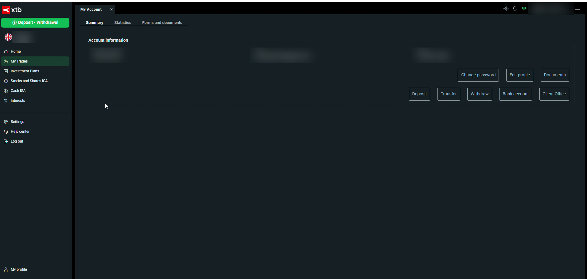 XTB account area showing free deposit, transfer and withdrawal options, personal details blurred