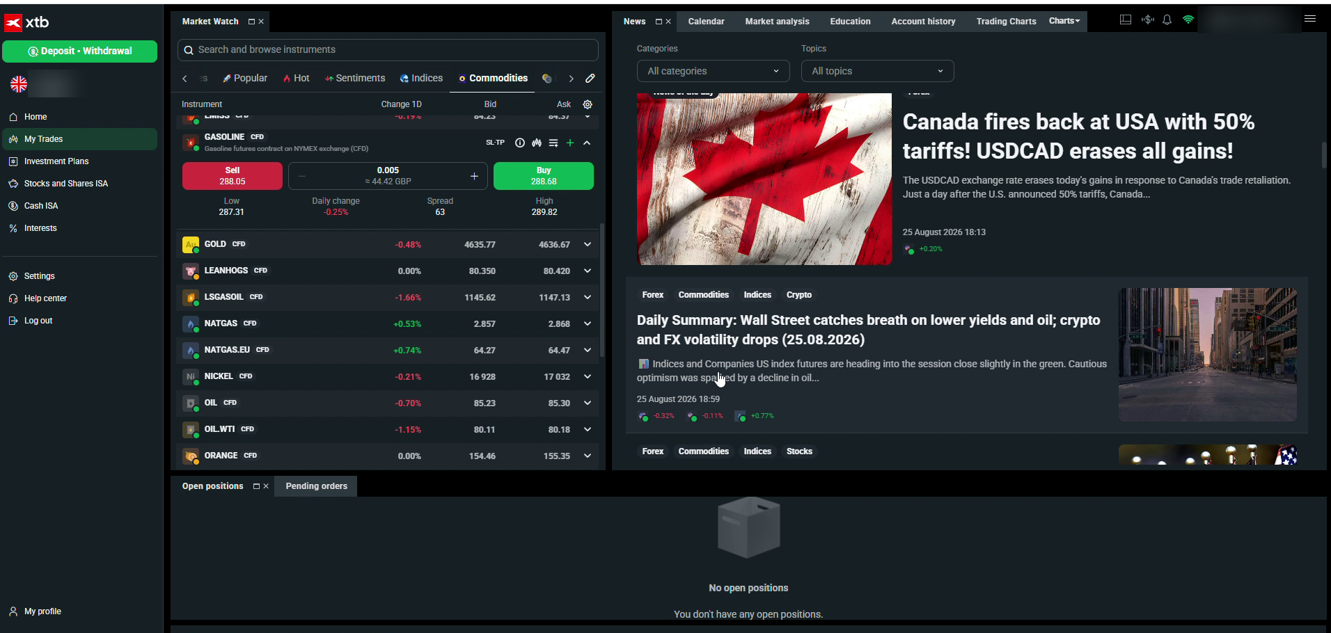 xStation 5 commodities tab with a gasoline quote expanded showing the live spread beside the market news feed