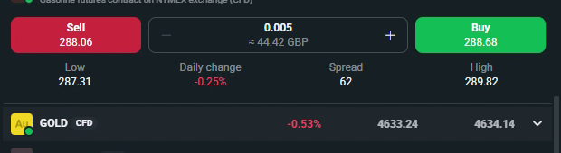 Close-up of an xStation 5 quote panel showing sell and buy prices with the spread figure between them
