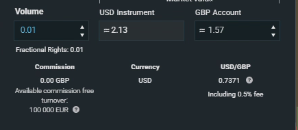 Close-up of the XTB order ticket cost lines showing zero commission, the commission-free turnover allowance and the 0.5 percent currency fee