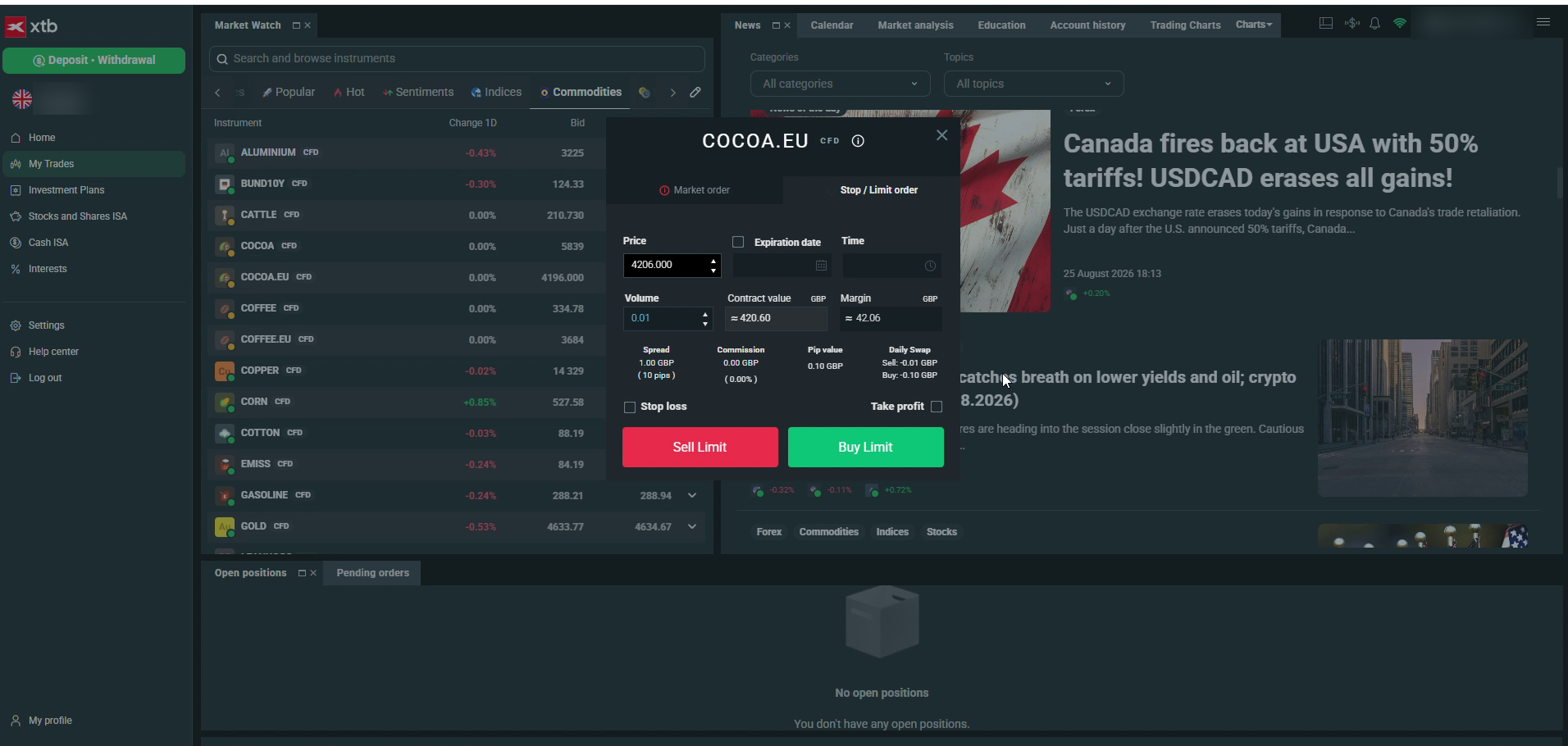 xStation 5 order ticket showing the daily swap lines for long and short positions