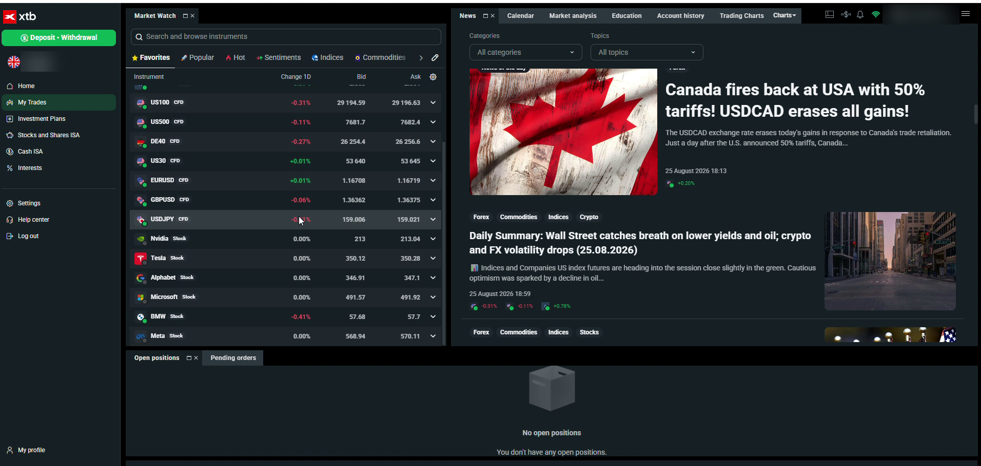 xStation 5 watchlist mixing currency pairs with index CFDs and stocks beside the news feed