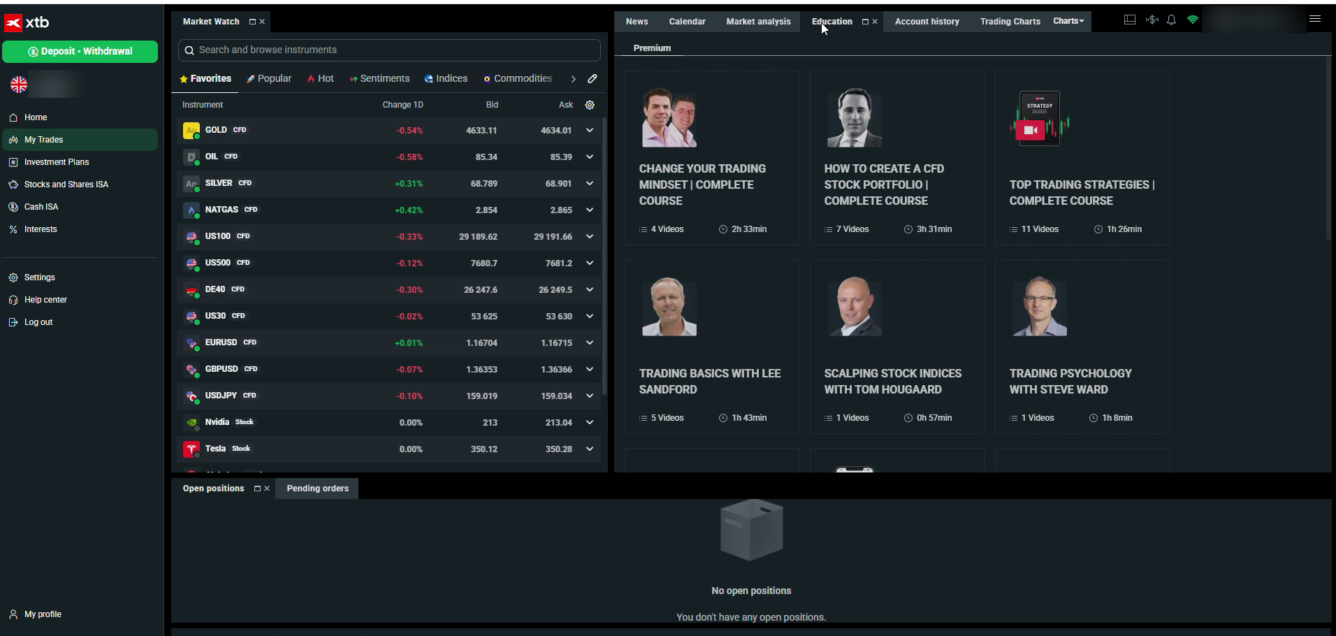 xStation 5 education library showing structured courses on portfolios, trading basics and psychology