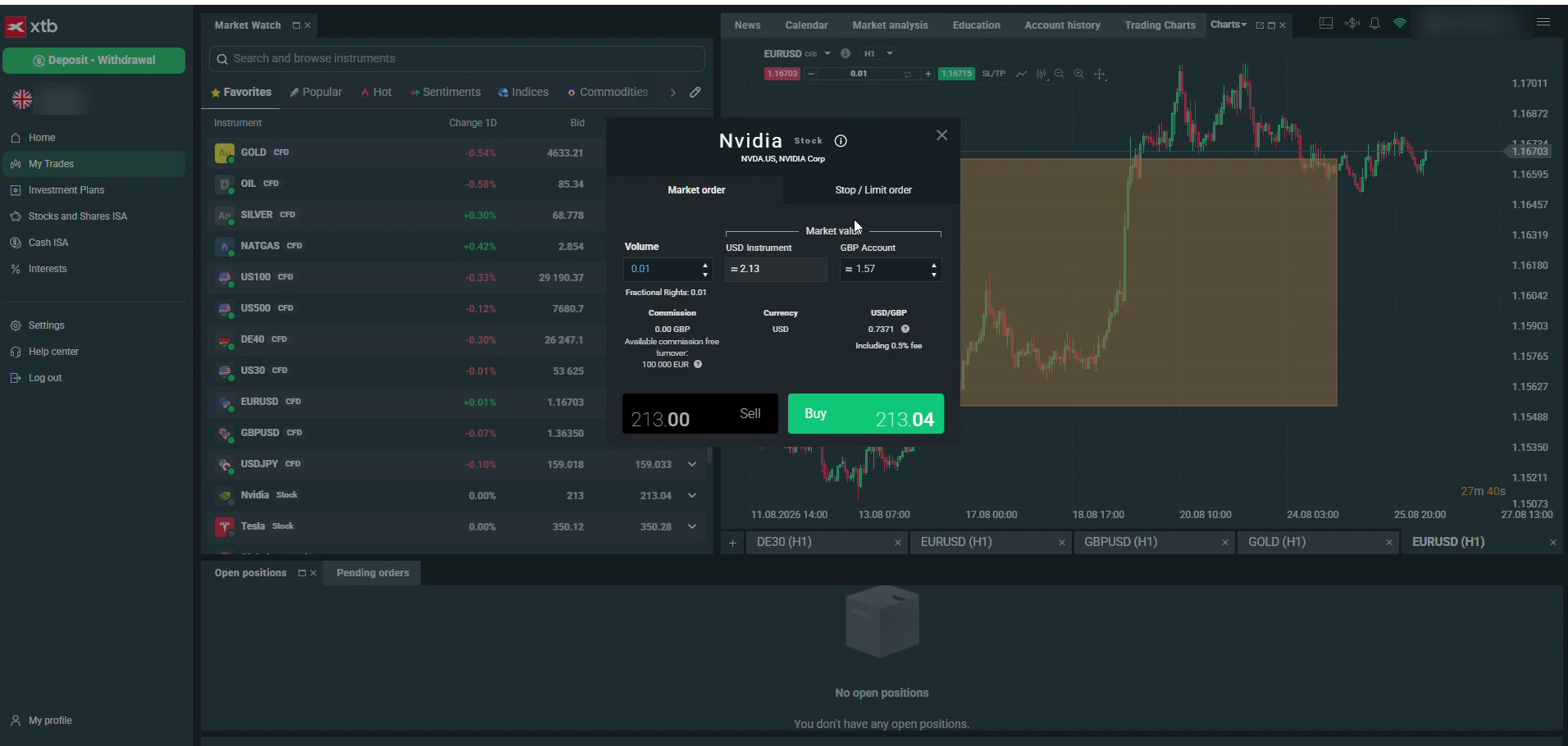 XTB xStation 5 order ticket for Nvidia stock showing the 0.5 percent currency fee on the USD to GBP line and the commission-free allowance