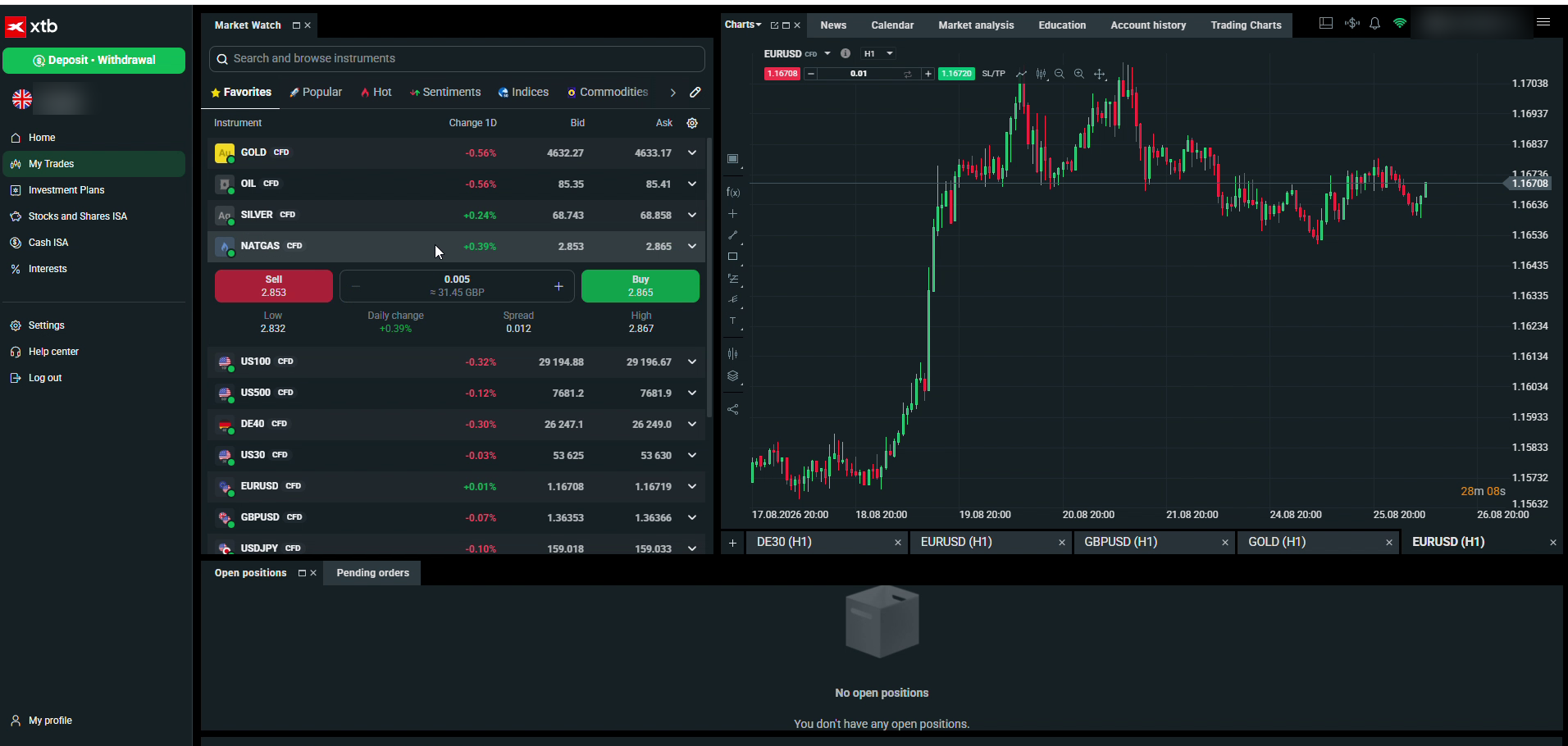 XTB xStation 5 dashboard showing watchlist, chart and account balance, captured August 2026
