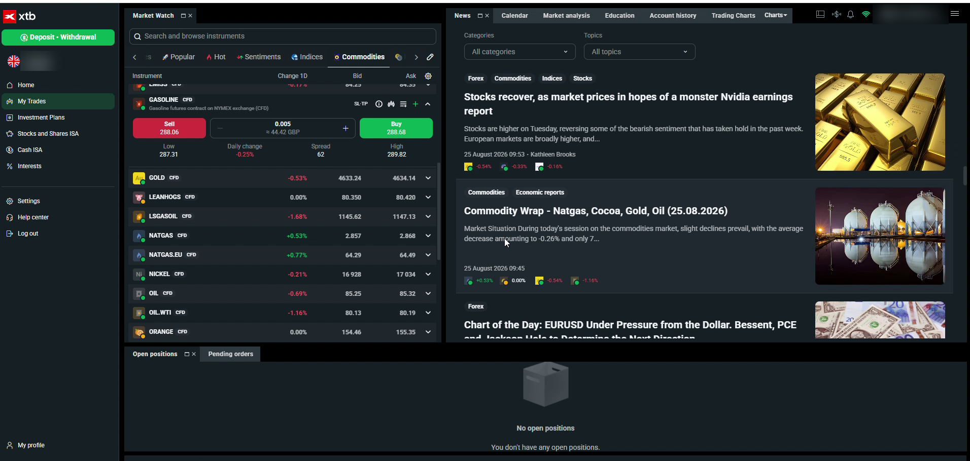xStation 5 commodity market list with live bid and ask columns and the spread shown on the expanded quote