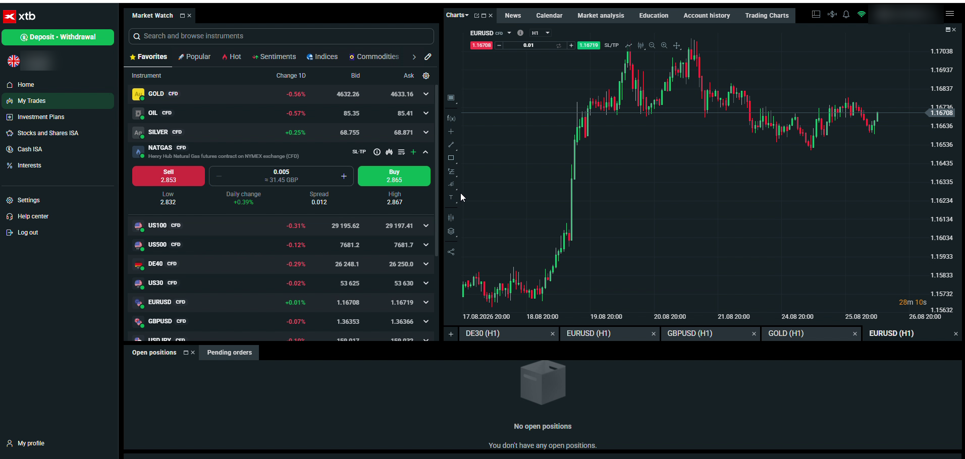 XTB xStation 5 quote panel with the live spread displayed beneath the sell and buy buttons, captured August 2026