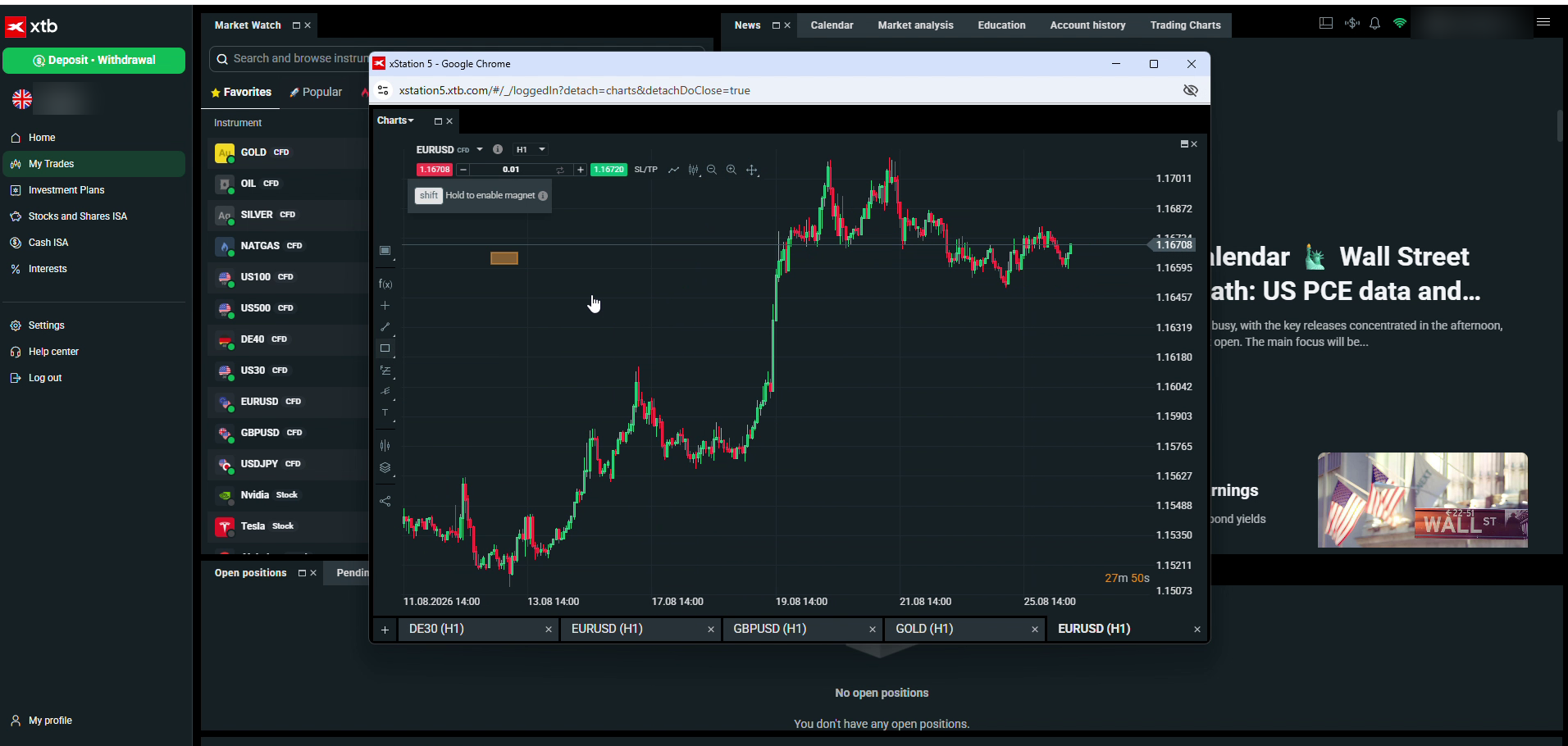 xStation 5 chart detached into its own window showing a EUR/USD hourly chart with bid and ask buttons