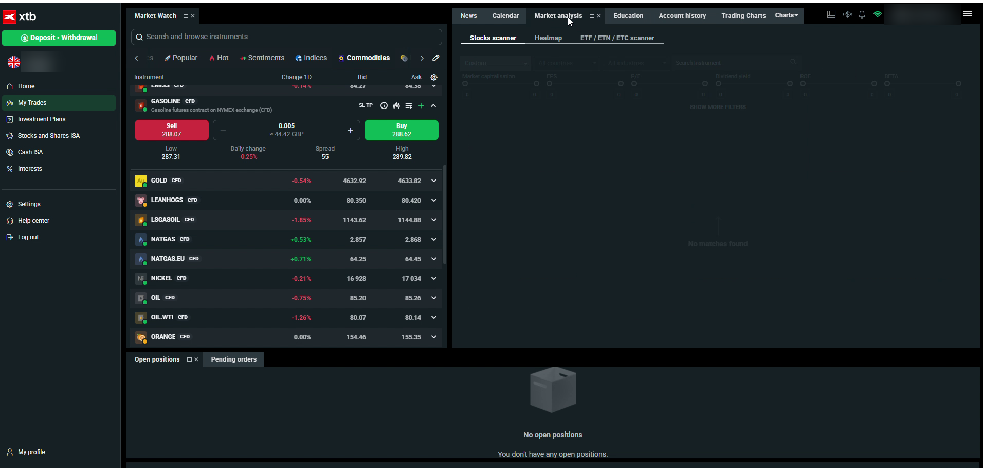 xStation 5 market analysis hub showing the stock scanner with fundamental filters, heatmap and ETF scanner tabs