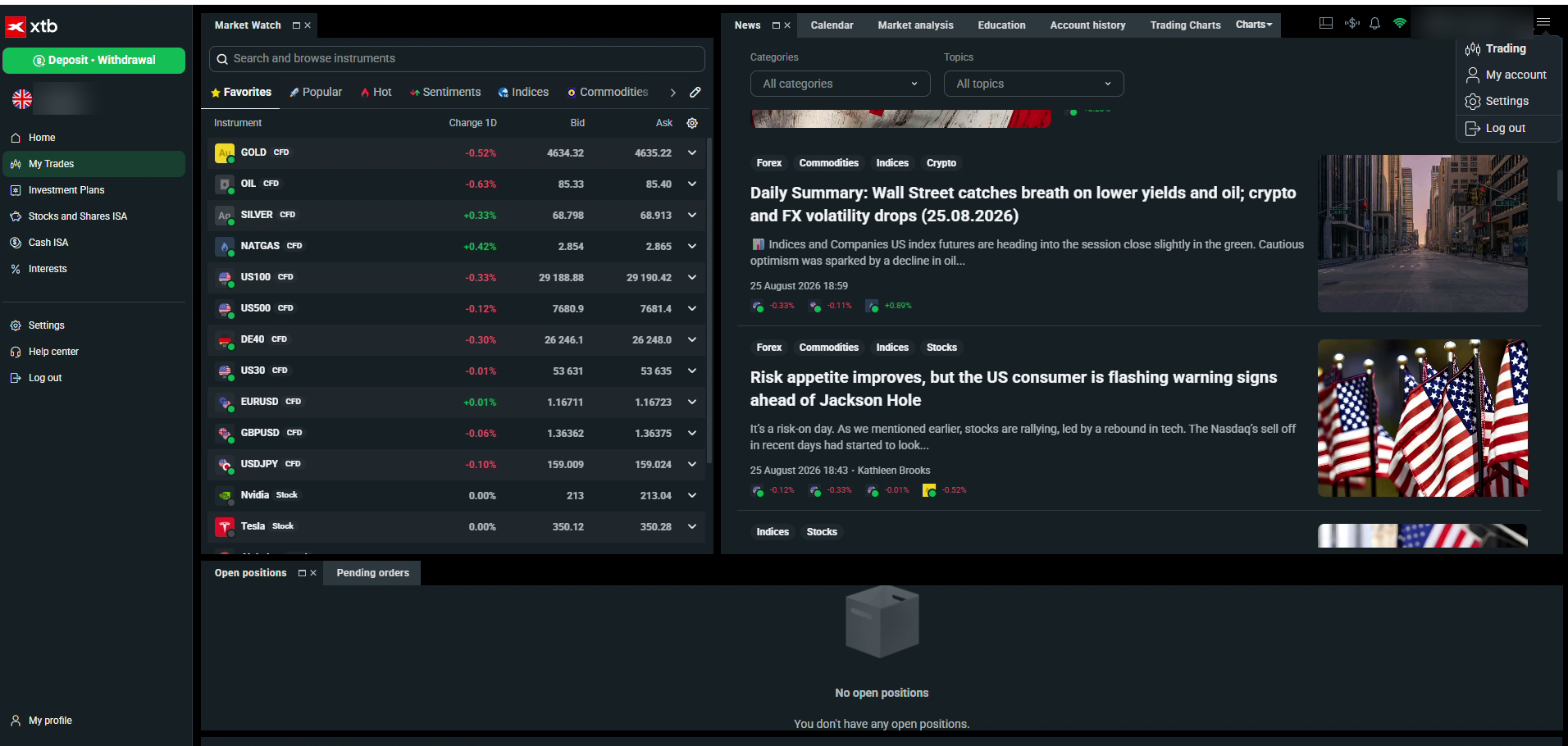 xStation 5 news feed with category filters for forex, commodities, indices and crypto topics